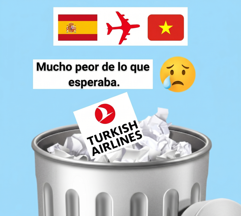 Crítica de Turkish Airlines en la ruta España-Vietnam con imagen de logo en la papelera y texto "Mucho peor de lo que esperaba"