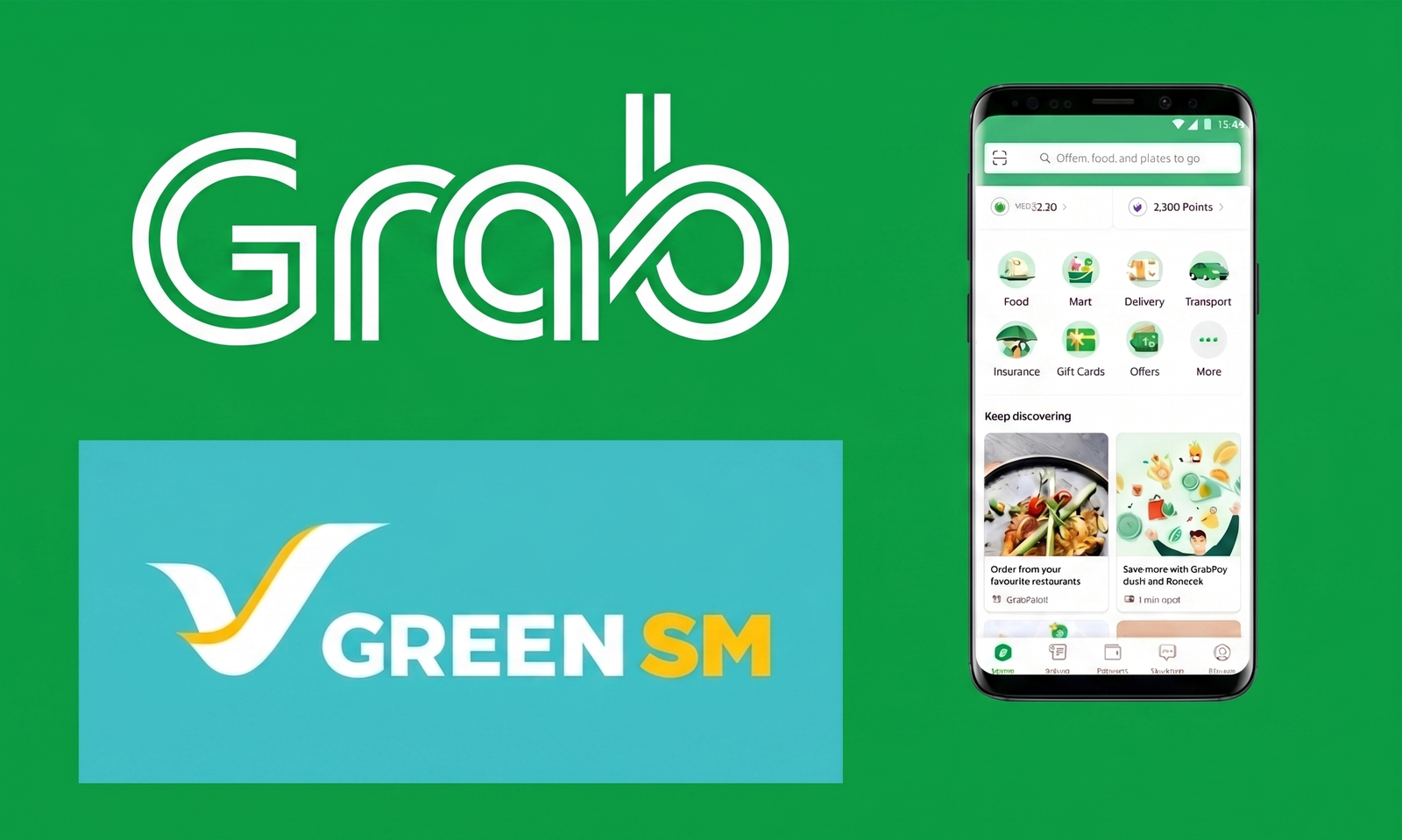 Logos de las apps Grab y Green SM junto a una pantalla de la interfaz de Grab