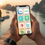 Manos de un viajero sosteniendo un teléfono móvil que muestra las aplicaciones imprescindibles para viajar a Vietnam (Grab, Zalo, Wise, Baolau, etc.) con el paisaje de la Bahía de Halong de fondo.