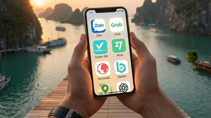 Manos de un viajero sosteniendo un teléfono móvil que muestra las aplicaciones imprescindibles para viajar a Vietnam (Grab, Zalo, Wise, Baolau, etc.) con el paisaje de la Bahía de Halong de fondo.