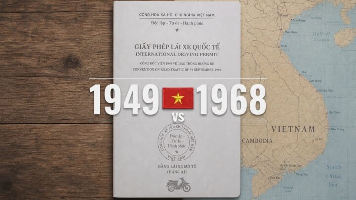 Comparativa del carnet de conducir internacional en Vietnam bajo los convenios de 1949 y 1968 sobre un mapa y fondo de madera.