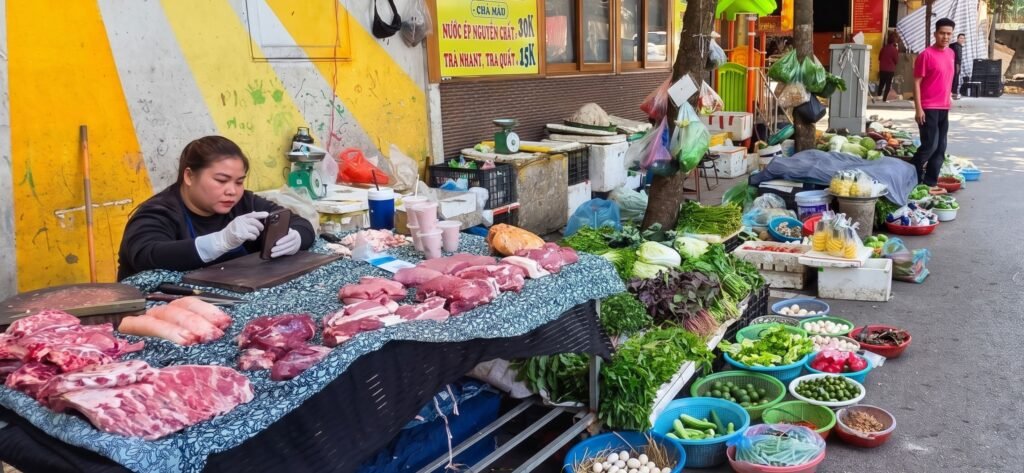 Vendedora de un puesto tradicional de carne y verduras frescas usando su teléfono móvil en un mercado callejero de Vietnam.