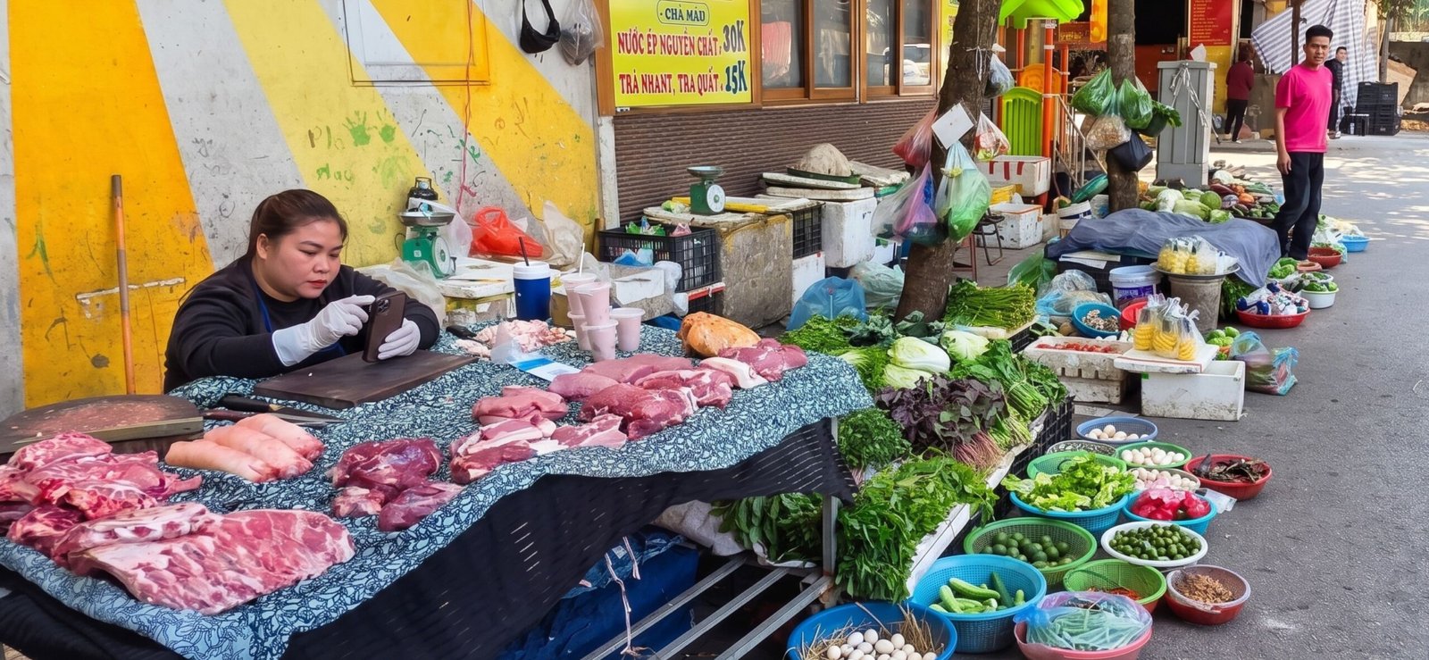 Vendedora de un puesto tradicional de carne y verduras frescas usando su teléfono móvil en un mercado callejero de Vietnam.