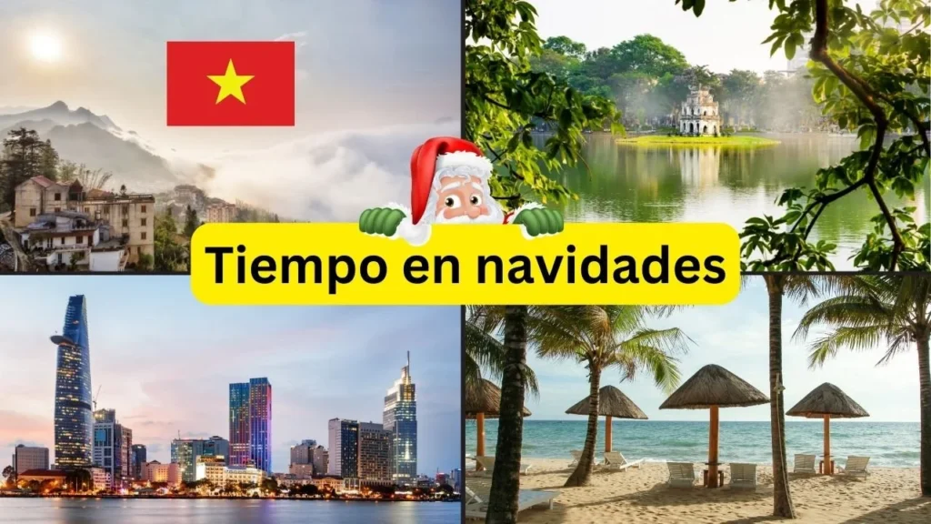 Collage sobre el tiempo en Navidad en Vietnam: montañas del norte, lago Hoan Kiem en Hanoi, rascacielos de Ho Chi Minh City y una playa con sombrillas