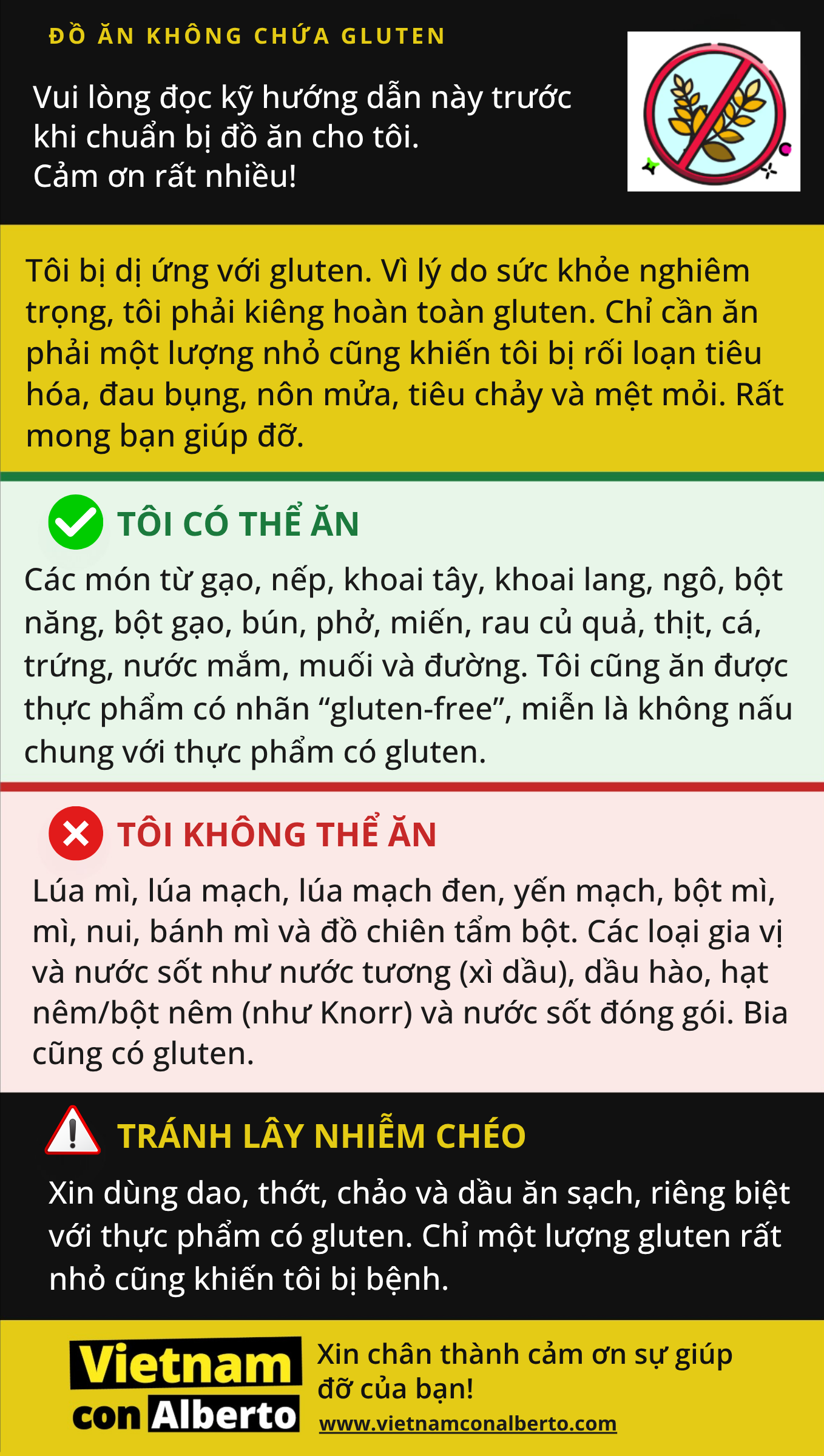 Tarjeta para celíacos en vietnamita para mostrar en restaurantes de Vietnam