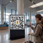 Mujer con equipaje escaneando el código QR de la declaración previa a la llegada en el mostrador de inmigración de un aeropuerto en Vietnam.