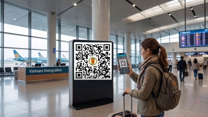 Mujer con equipaje escaneando el código QR de la declaración previa a la llegada en el mostrador de inmigración de un aeropuerto en Vietnam.