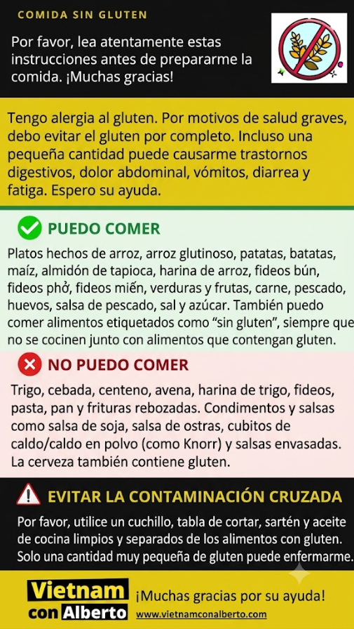 Traducción al español de la tarjeta para celíacos en vietnamita