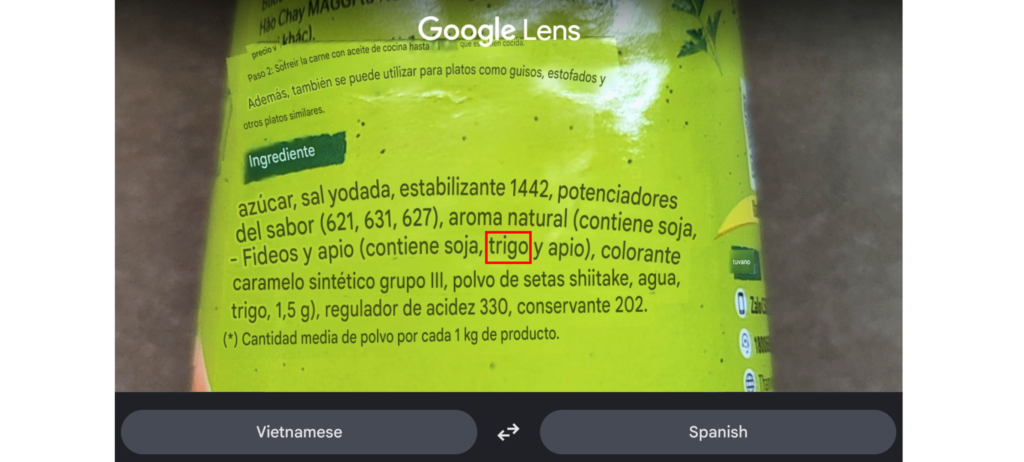 Captura de Google Lens mostrando que una salsa vietnamita contiene trigo entre sus ingredientes